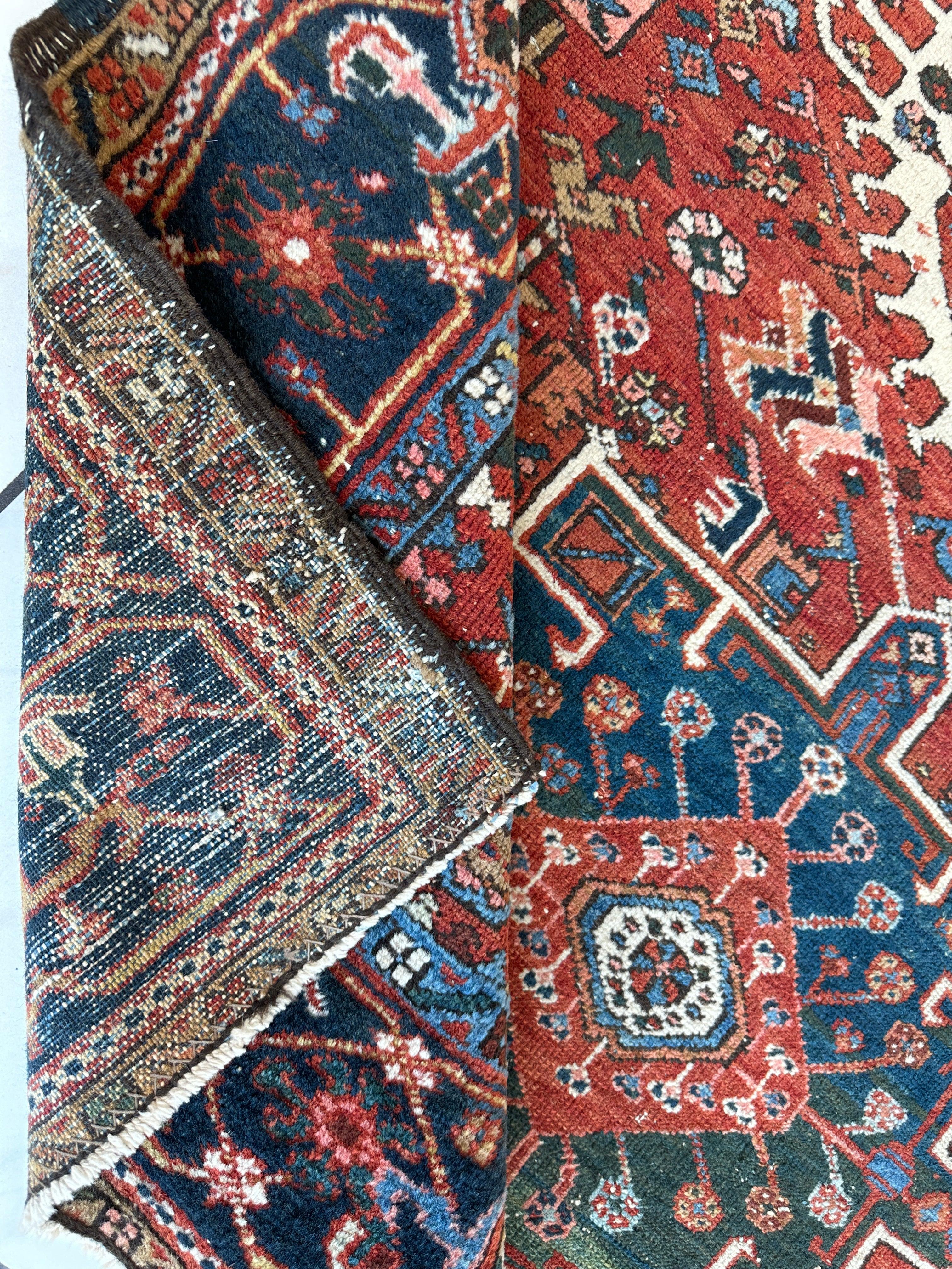 Antique Persian Heriz Carpet, Karaja Style — 1900s | 4'9" x 6'
