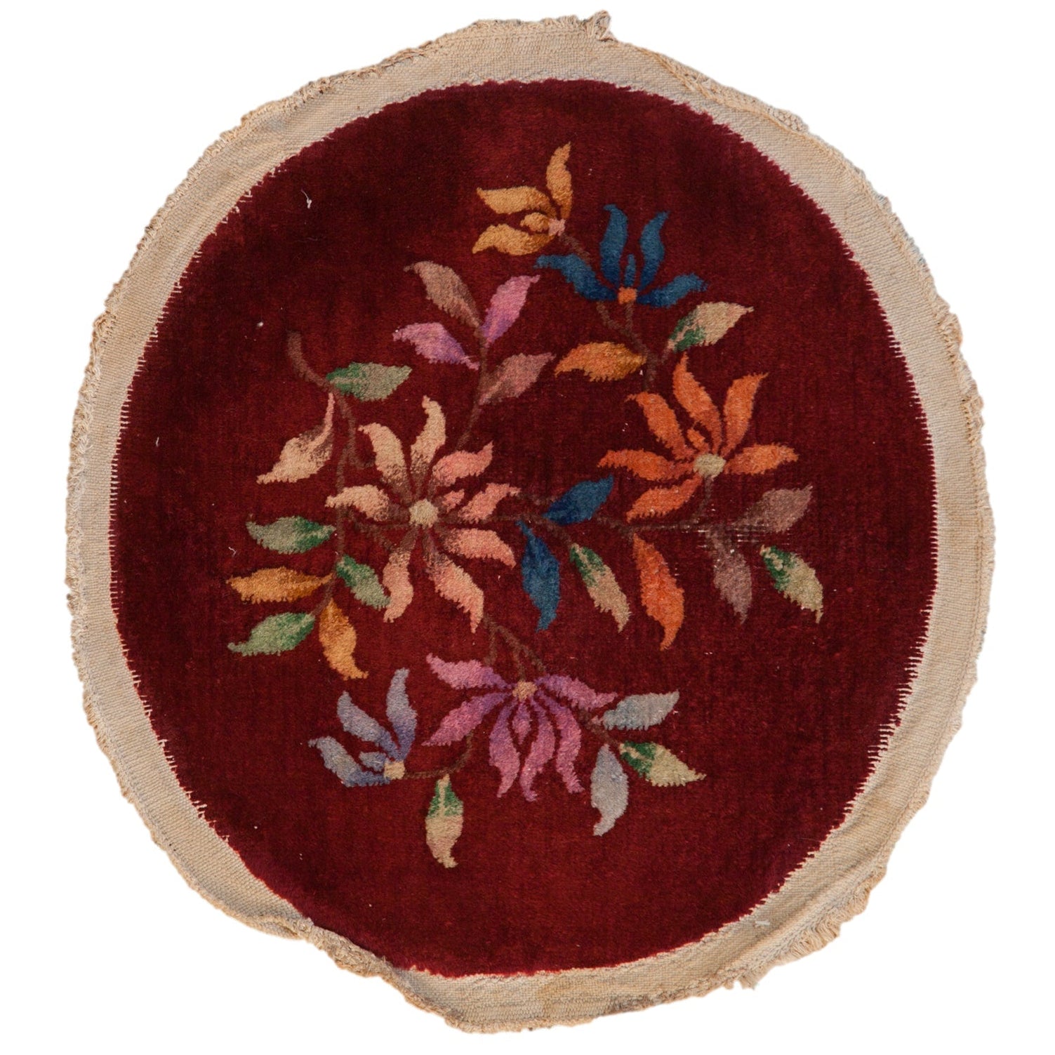 Antique Chinese Art Deco Round Rug Mat — 1930s | 2' × 2'2"