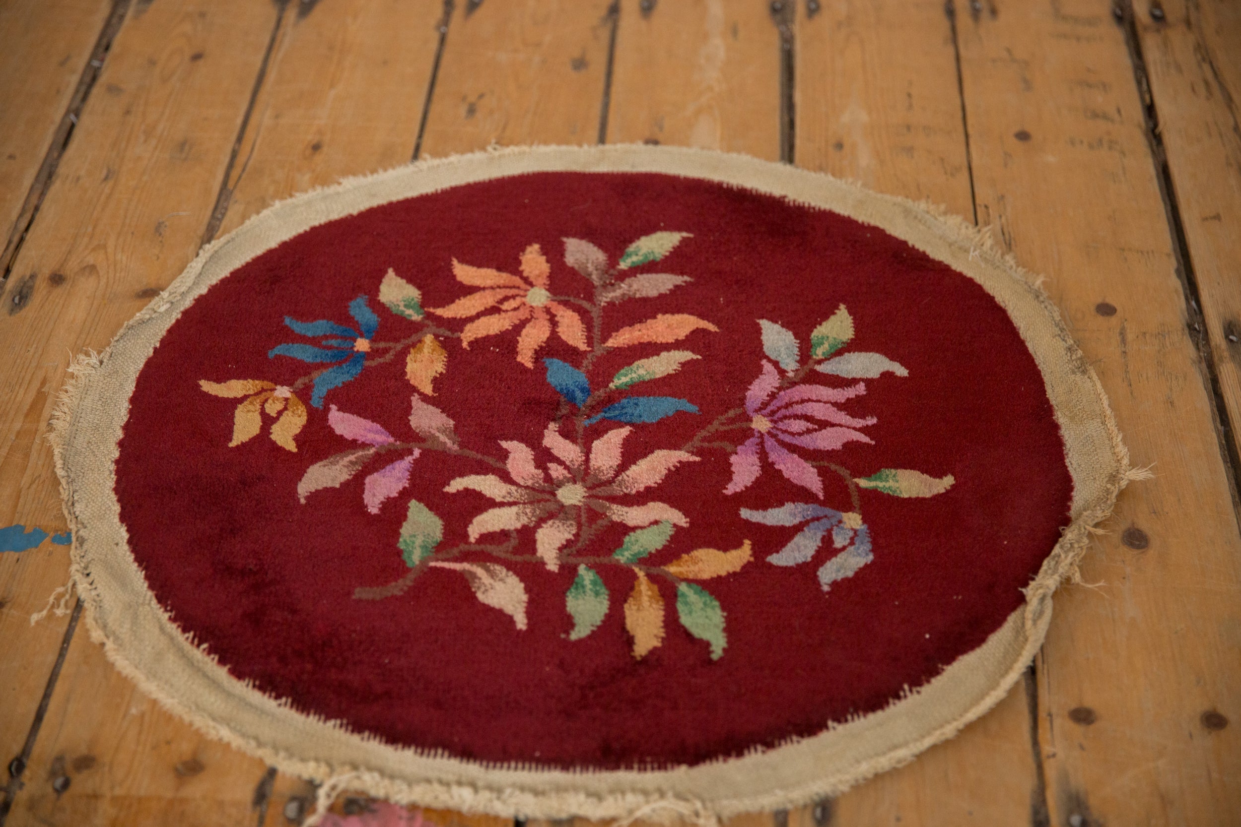 Antique Chinese Art Deco Round Rug Mat — 1930s | 2' × 2'2"