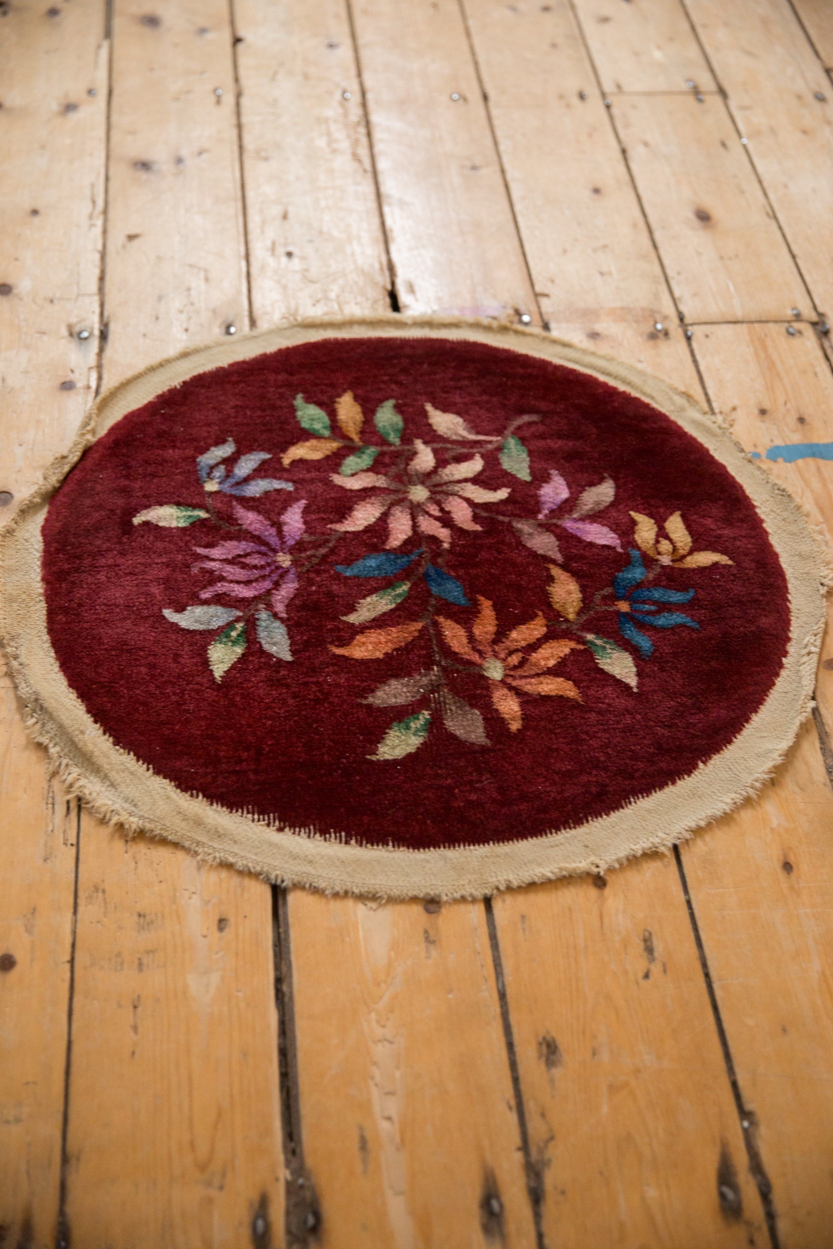 Antique Chinese Art Deco Round Rug Mat — 1930s | 2' × 2'2"