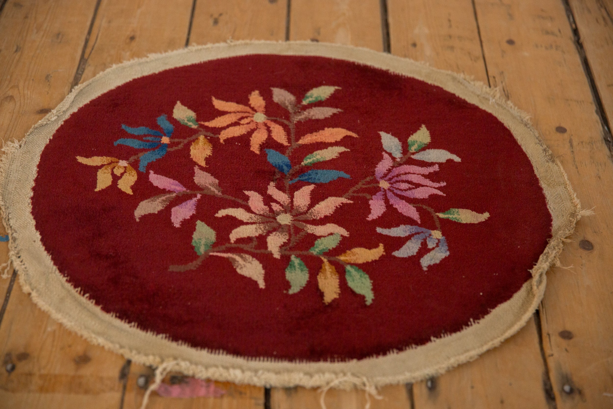 Antique Chinese Art Deco Round Rug Mat — 1930s | 2' × 2'2"