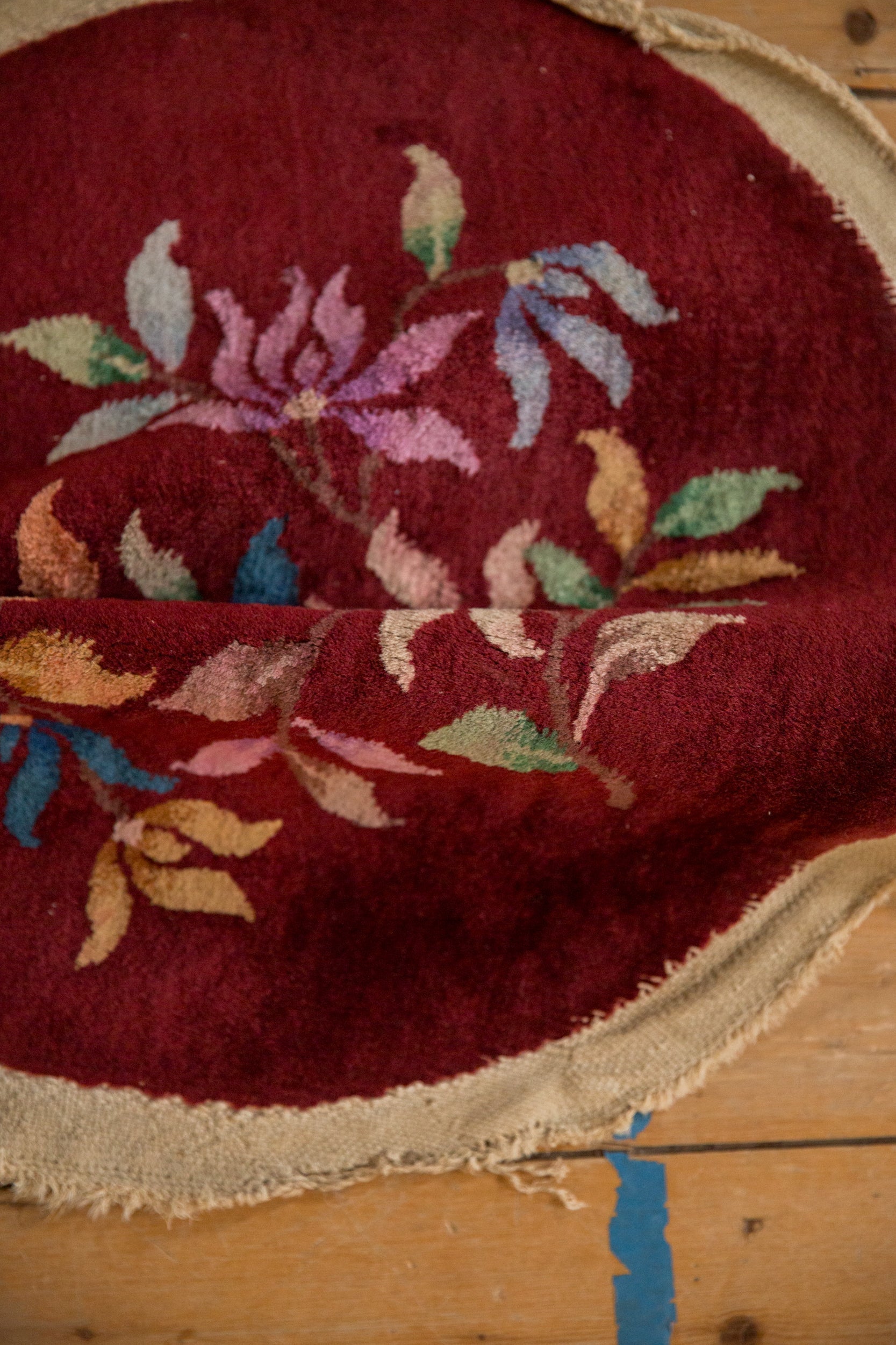 Antique Chinese Art Deco Round Rug Mat — 1930s | 2' × 2'2"