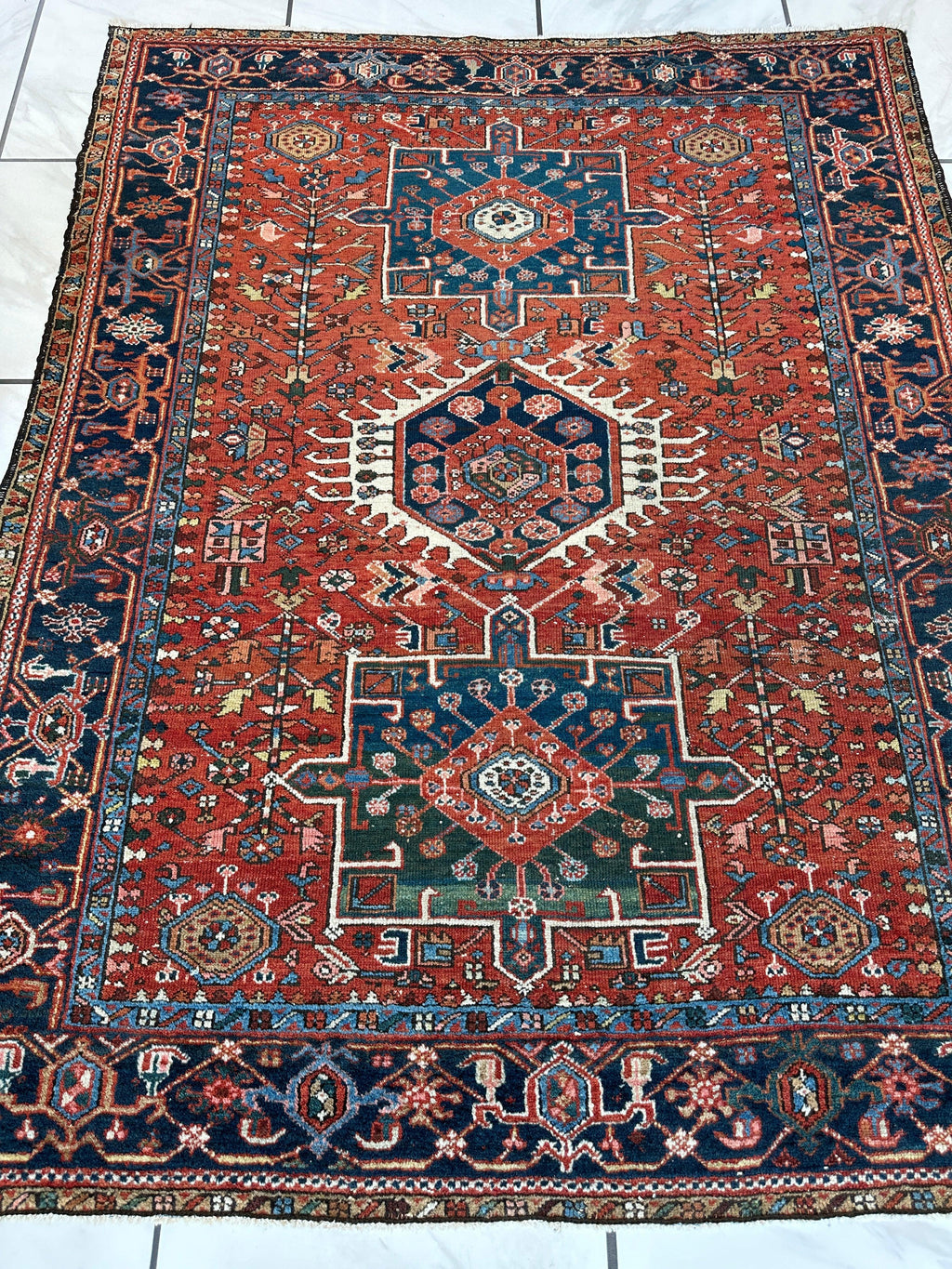 Antique Persian Heriz Carpet, Karaja Style — 1900s | 4'9" x 6'