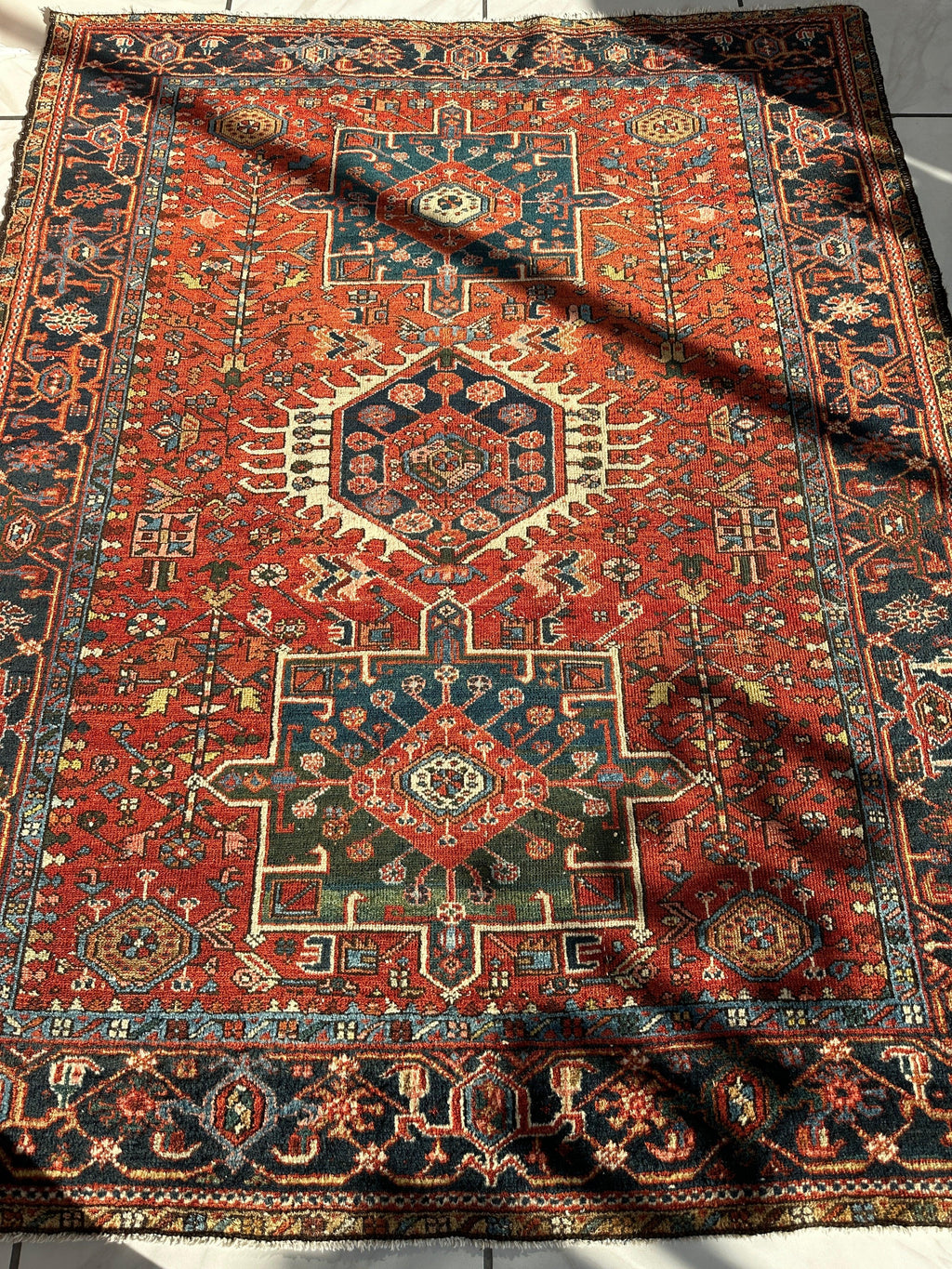 Antique Persian Heriz Carpet, Karaja Style — 1900s | 4'9" x 6'