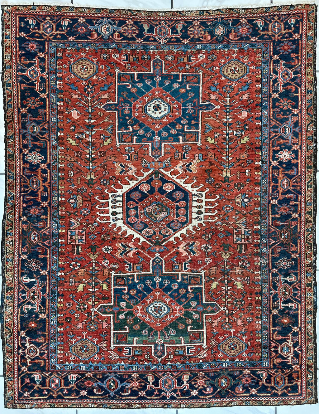 Antique Persian Heriz Carpet, Karaja Style — 1900s | 4'9" x 6'