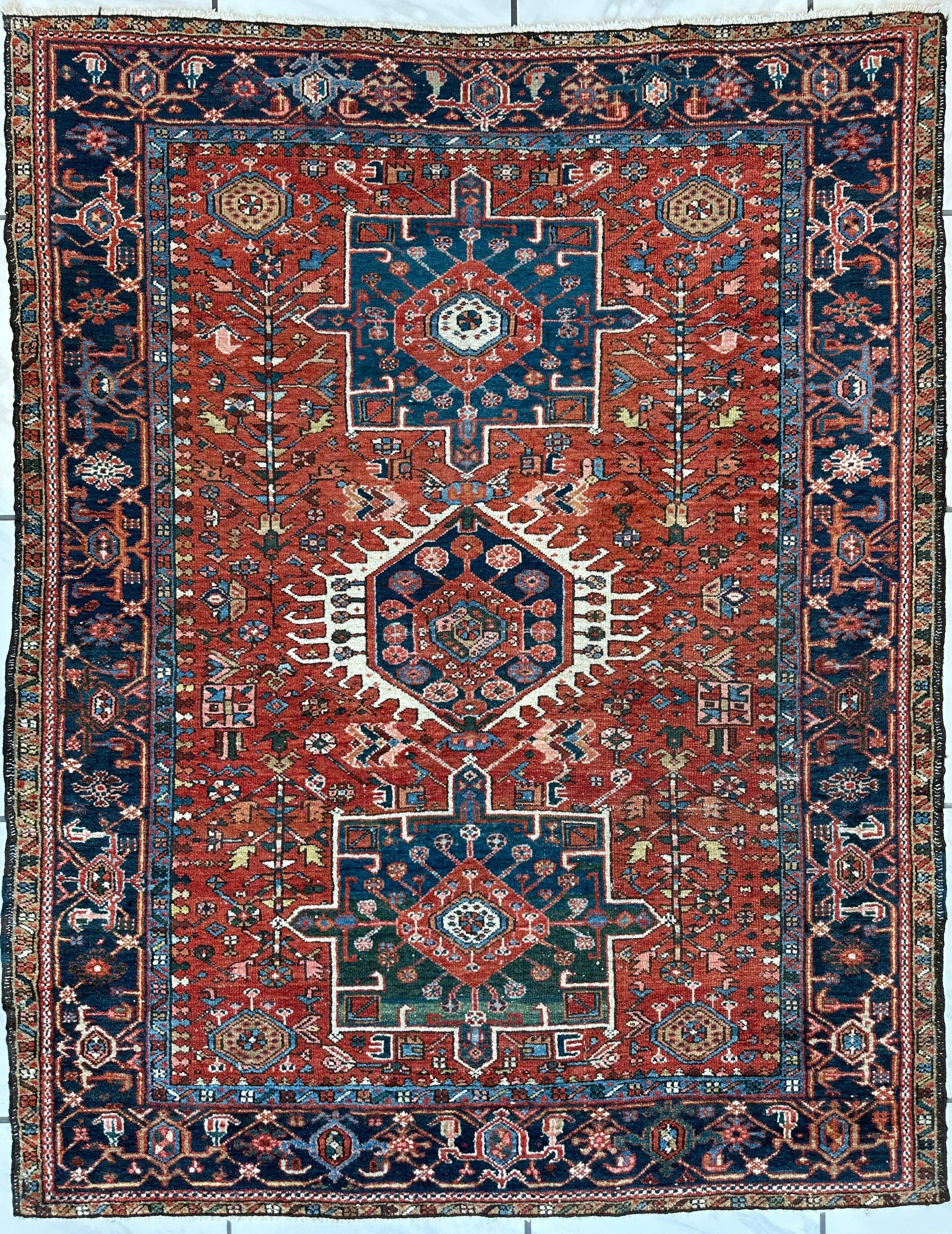 Antique Persian Heriz Carpet, Karaja Style — 1900s | 4'9" x 6'