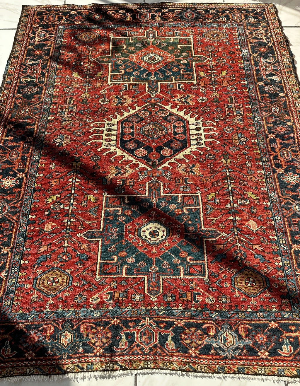 Antique Persian Heriz Carpet, Karaja Style — 1900s | 4'9" x 6'