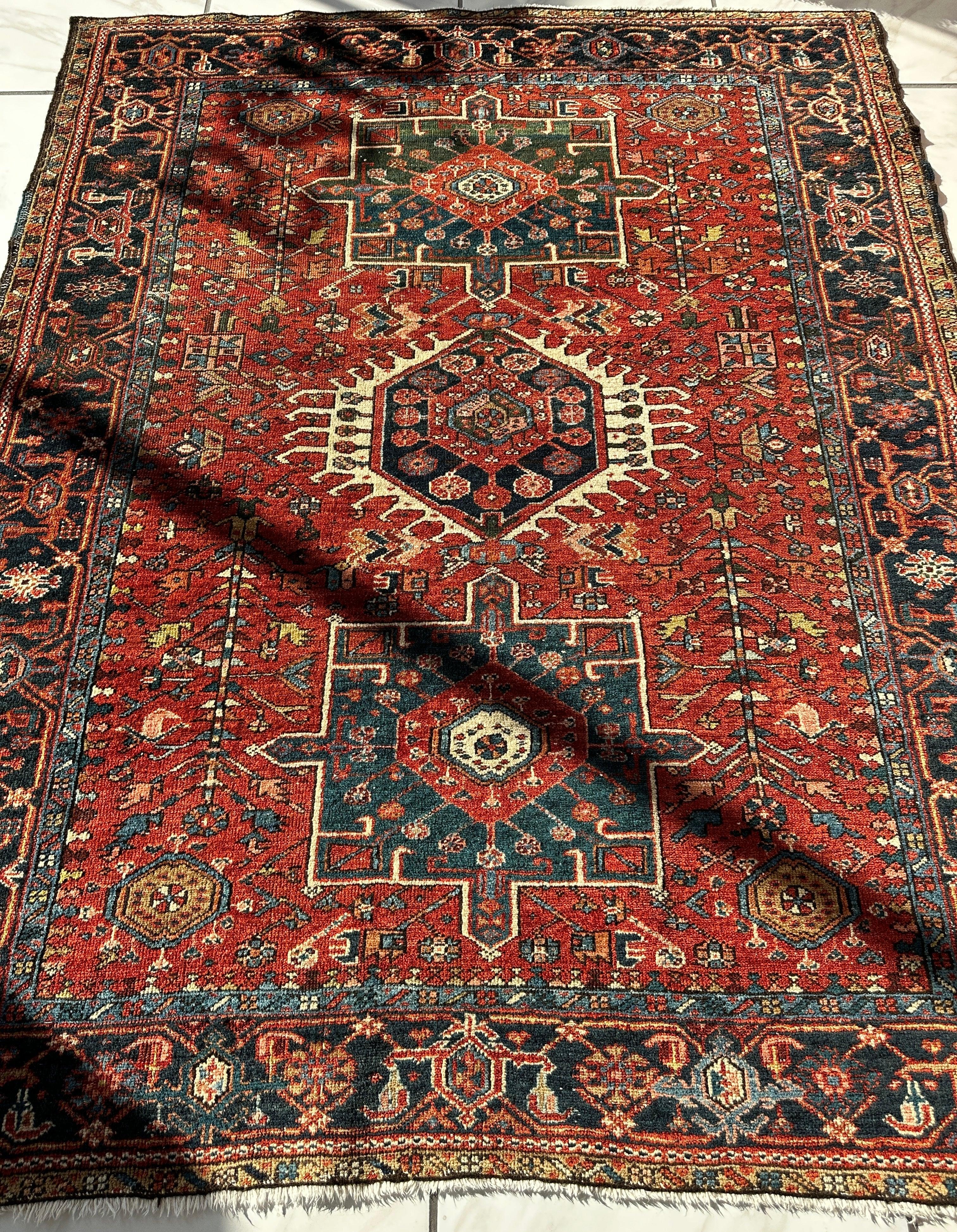 Antique Persian Heriz Carpet, Karaja Style — 1900s | 4'9" x 6'