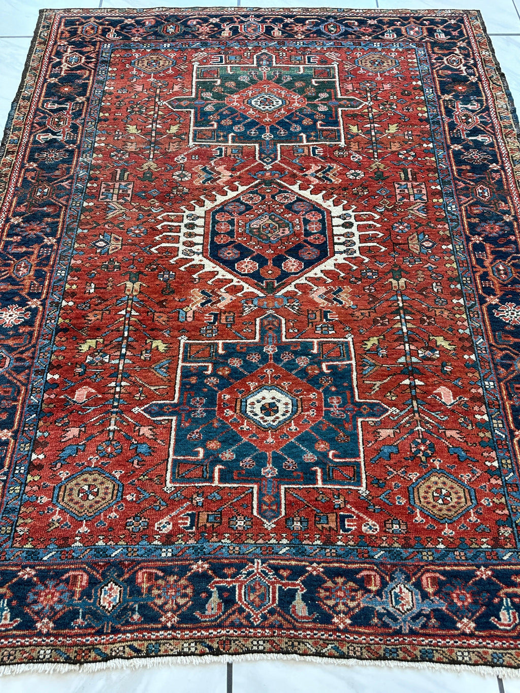 Antique Persian Heriz Carpet, Karaja Style — 1900s | 4'9" x 6'