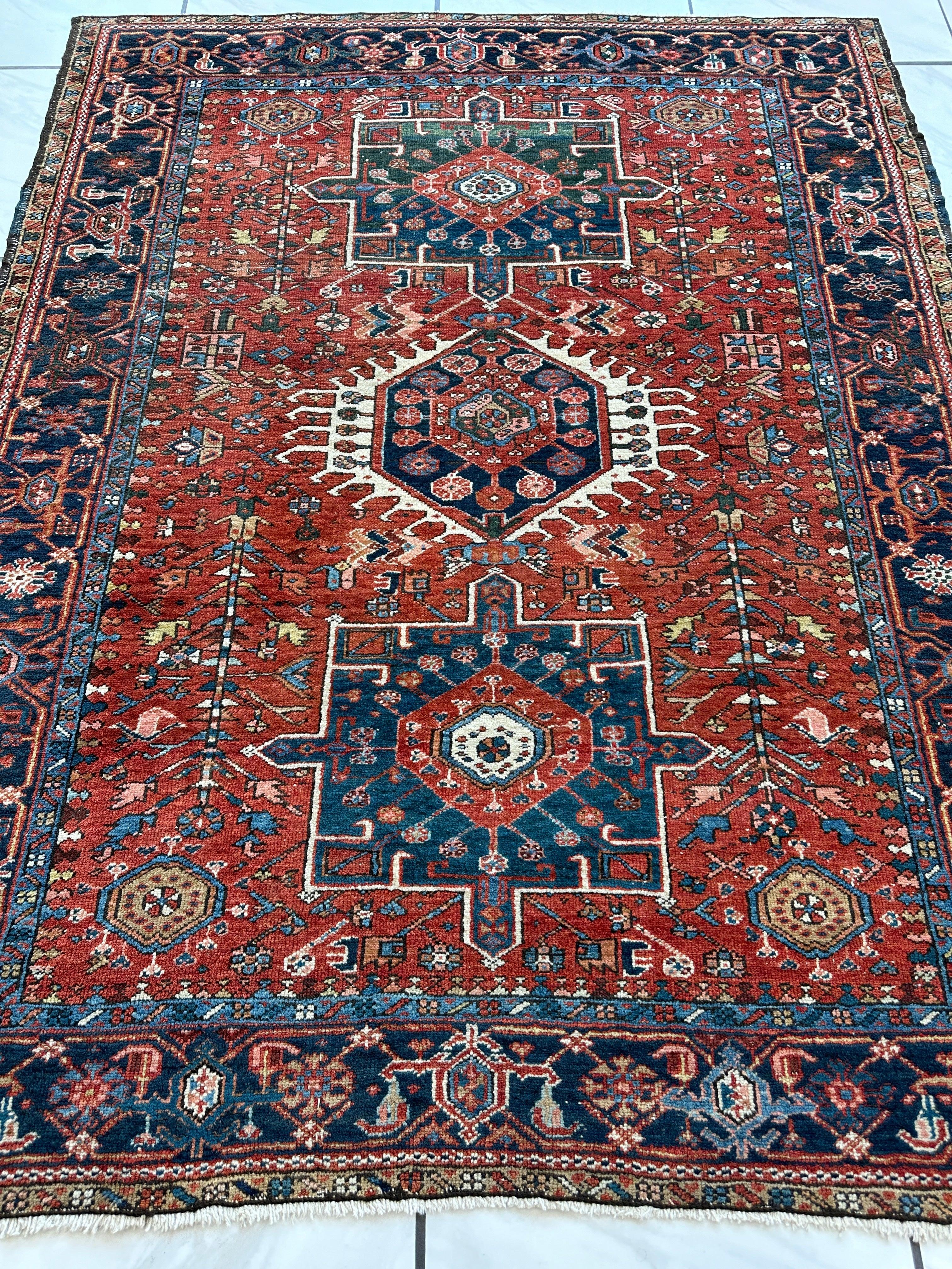 Antique Persian Heriz Carpet, Karaja Style — 1900s | 4'9" x 6'