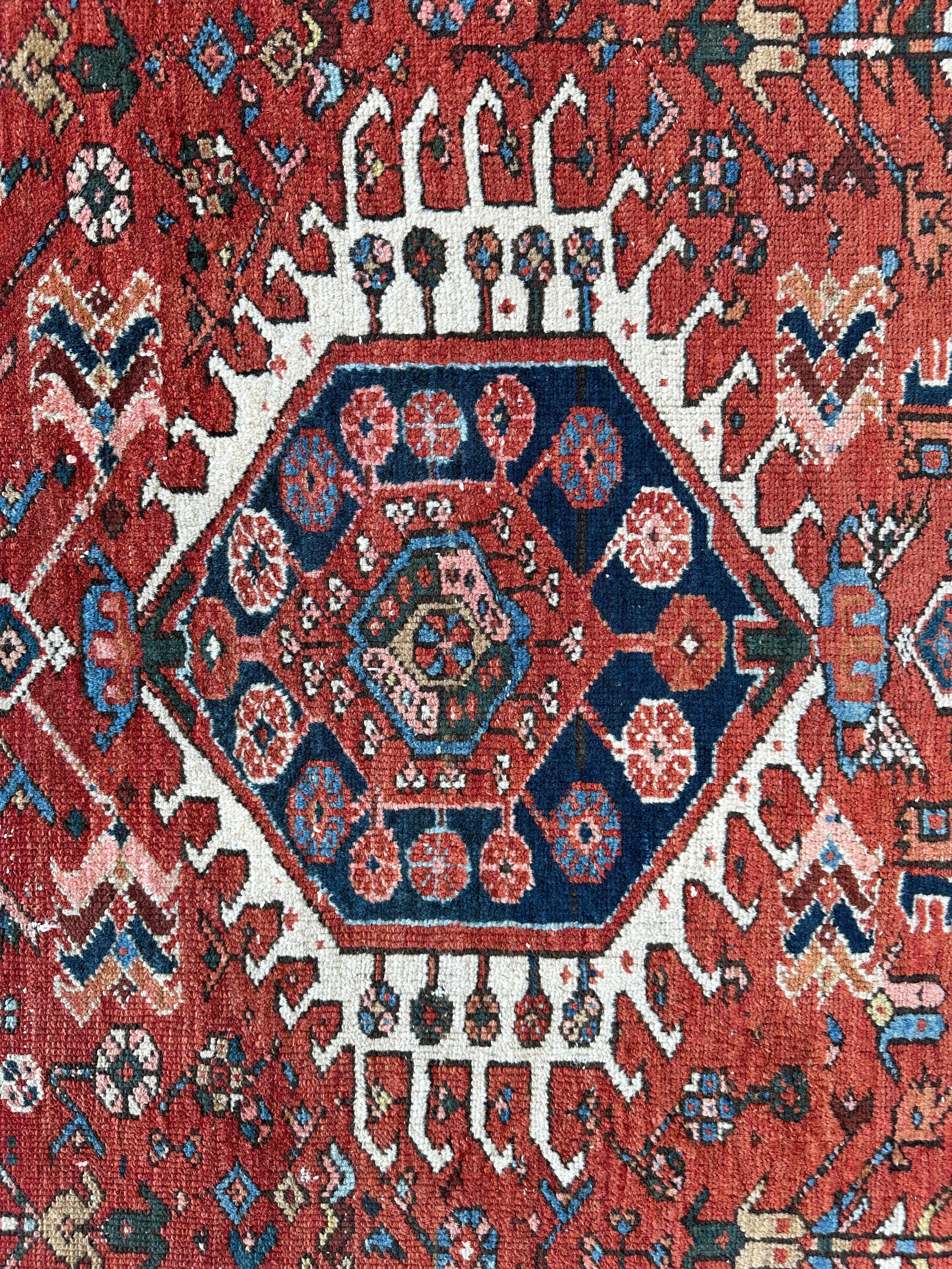 Antique Persian Heriz Carpet, Karaja Style — 1900s | 4'9" x 6'