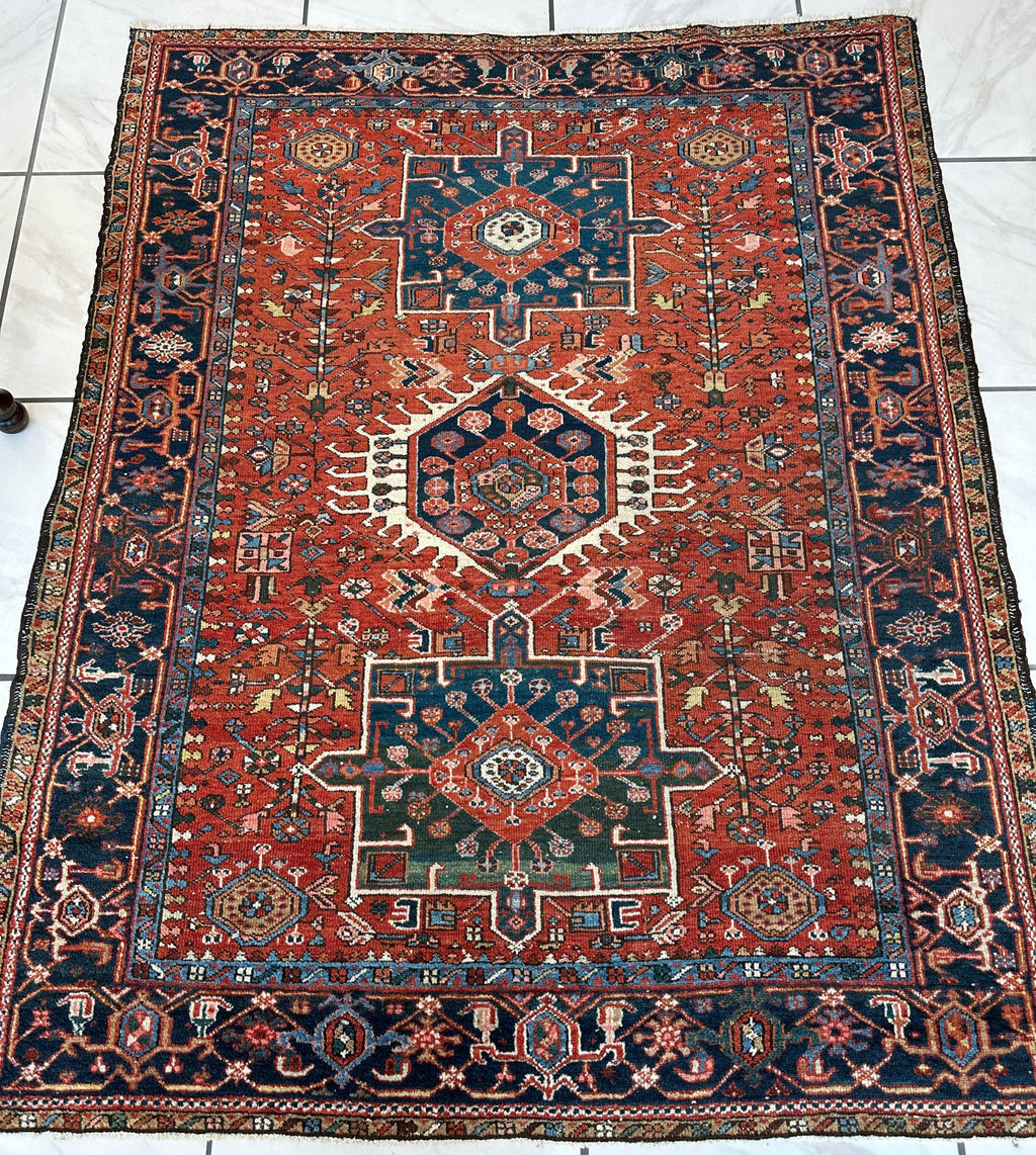 Antique Persian Heriz Carpet, Karaja Style — 1900s | 4'9" x 6'