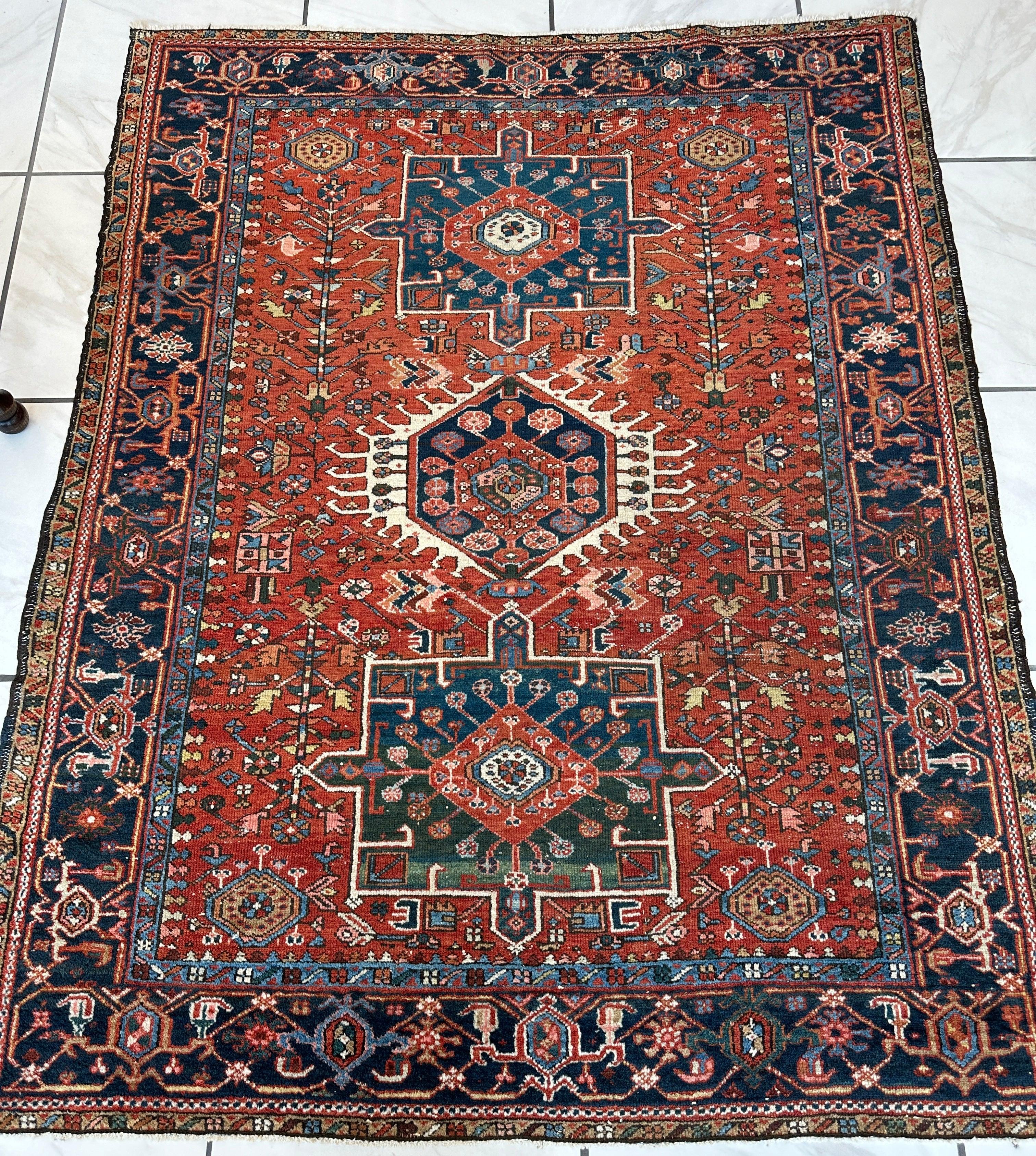 Antique Persian Heriz Carpet, Karaja Style — 1900s | 4'9" x 6'