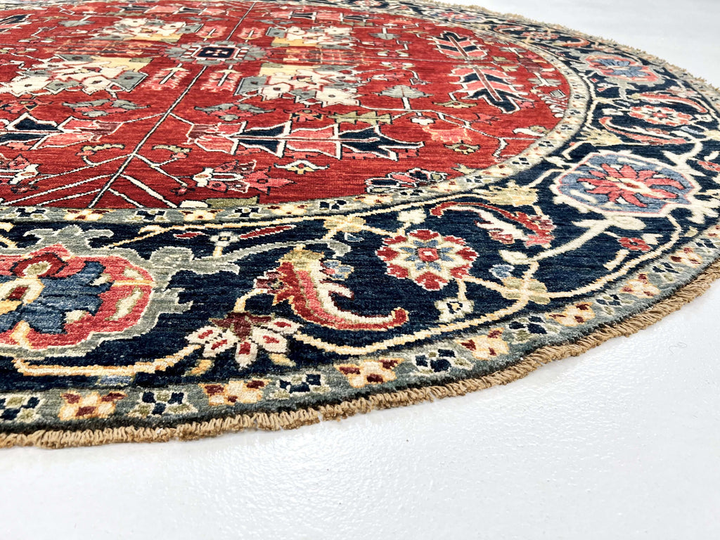 New Afghan Heriz-Style Round Rug — 7' Round