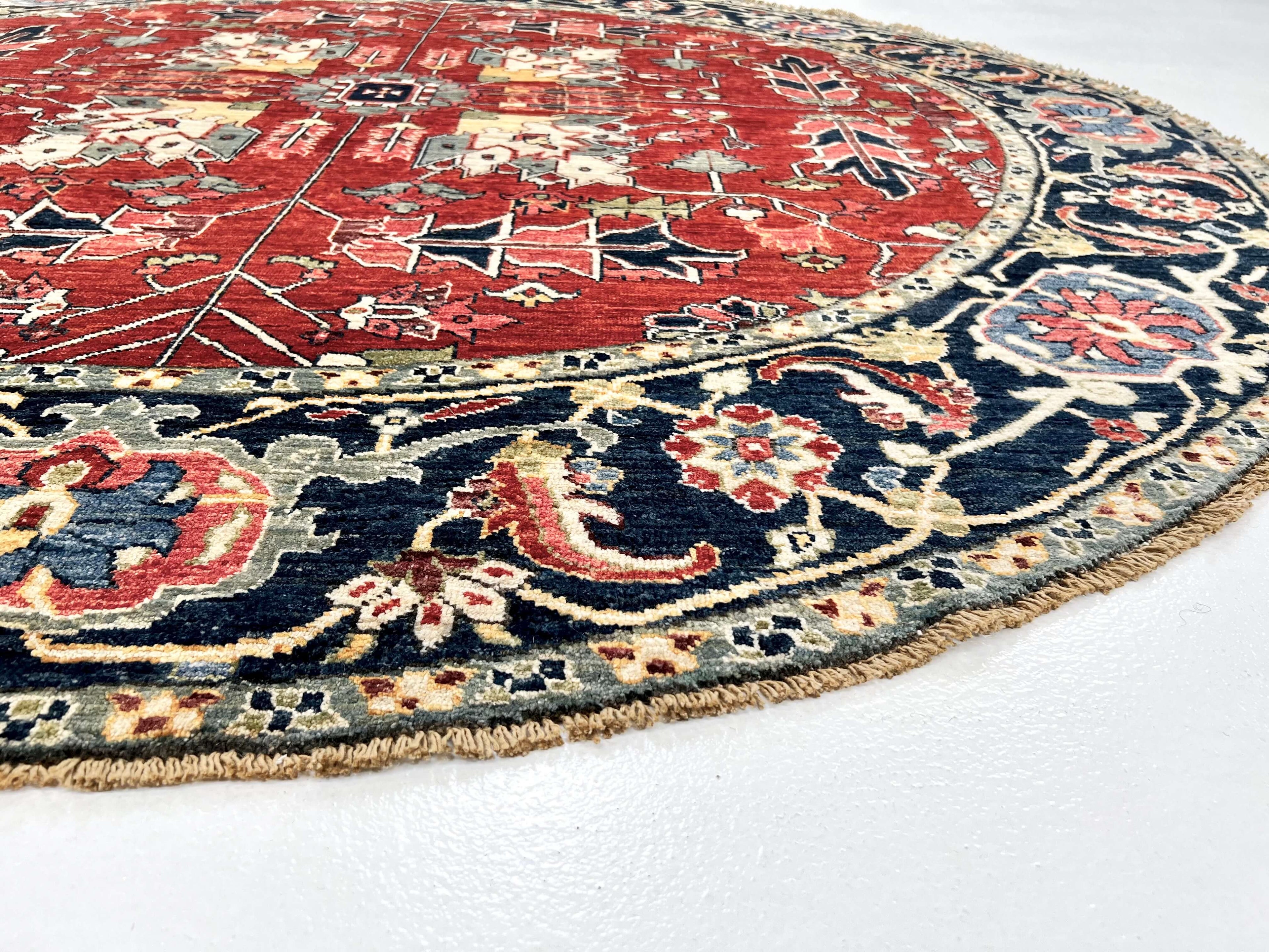 New Afghan Heriz-Style Round Rug — 7' Round